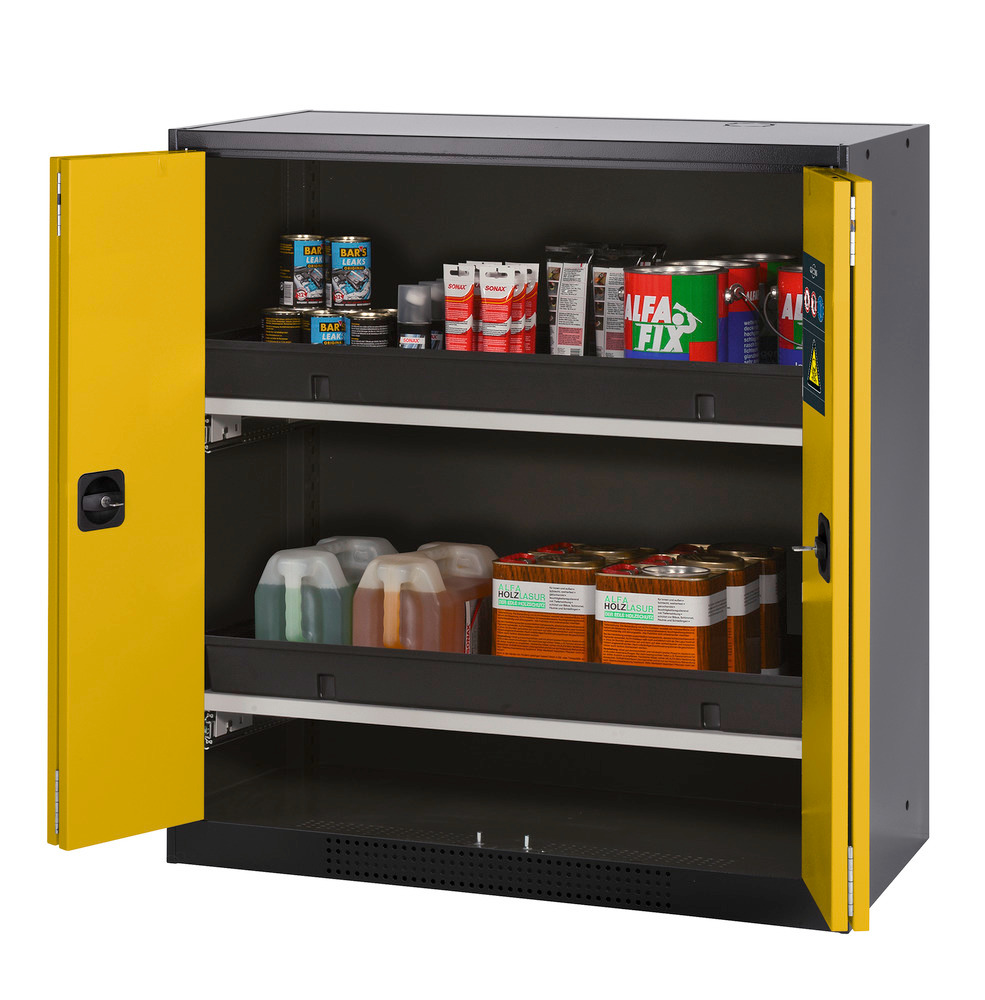 Skříň na chemikálie Systema CS-102F, korpus antracitové barvy, skládací dveře žluté, 2 výsuvné vany - 1