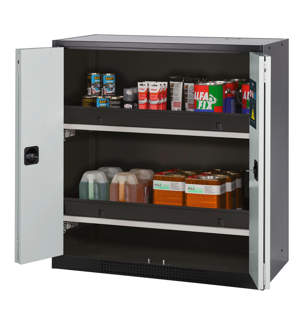 asecos chemicals cabinet Systema-T CS-102F, body anthracite, wing doors grey, 2 pull-out shelves - 1