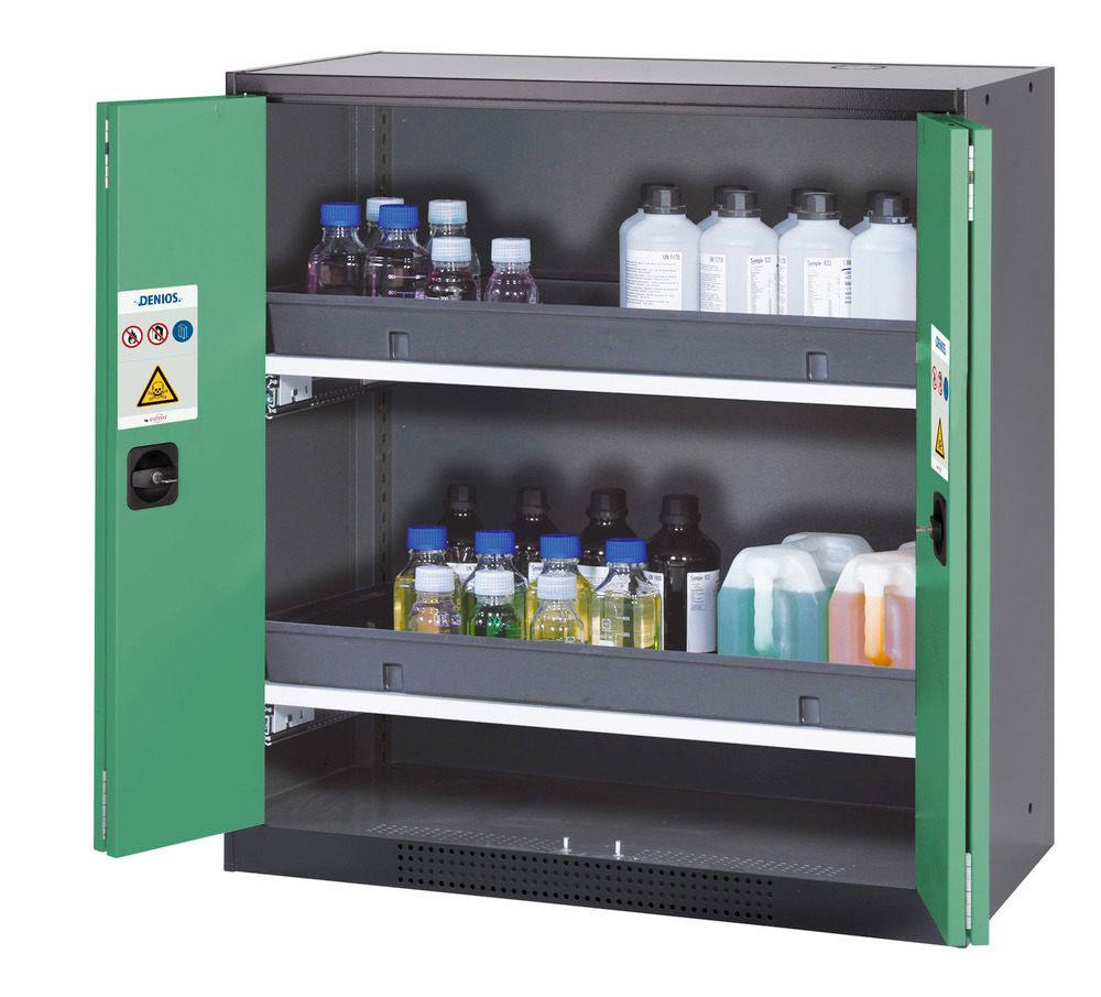 Kemikalieskåp Systema CS-102F, antracitgrå stomme, gröna vikdörrar, 2 utdragshyllor - 1