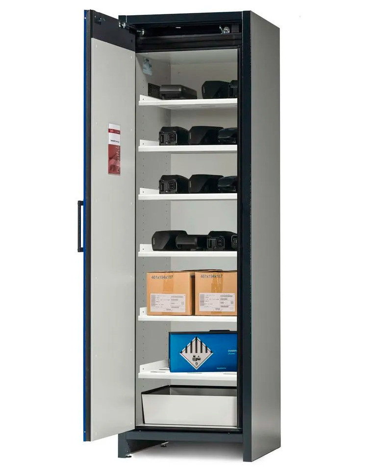 Asecos lithium-ion storage cabinet, 90 Min fire resistant, 6 Shelves, 1 Door - 1