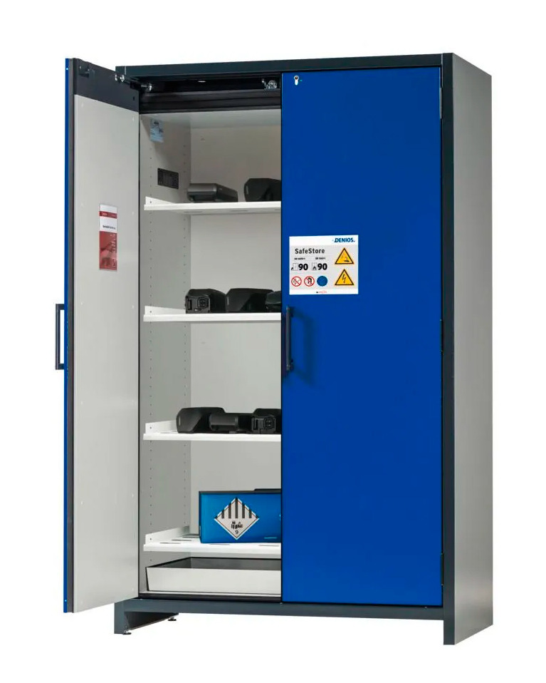 asecos lithium-ion storage cabinet, 90 Min fire resistant, 4 Shelves, 2 Doors - 1