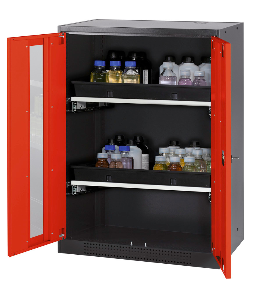 asecos chemicals cabinet Systema-T CS-82G, body anthracite, wing doors red, 2 pull-out shelves