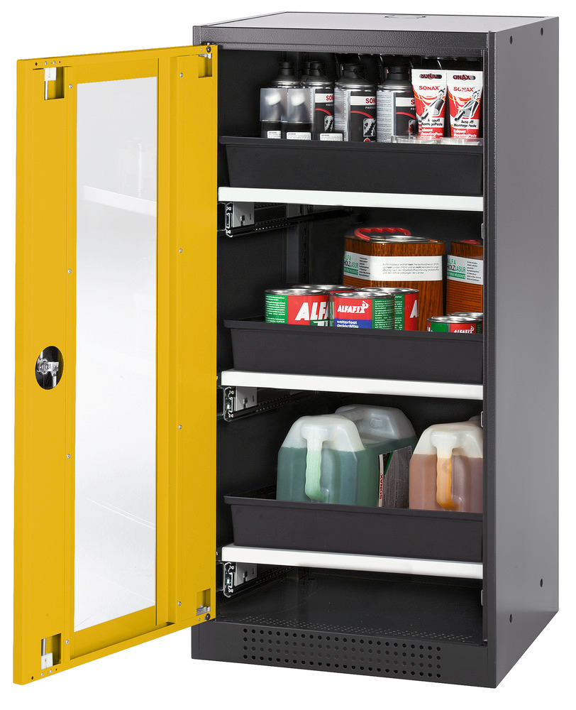 Skříň na chemikálie Systema CS-53LG, dveřní závěs vlevo, prosklené dveře žluté, 3 výsuvné vany - 1