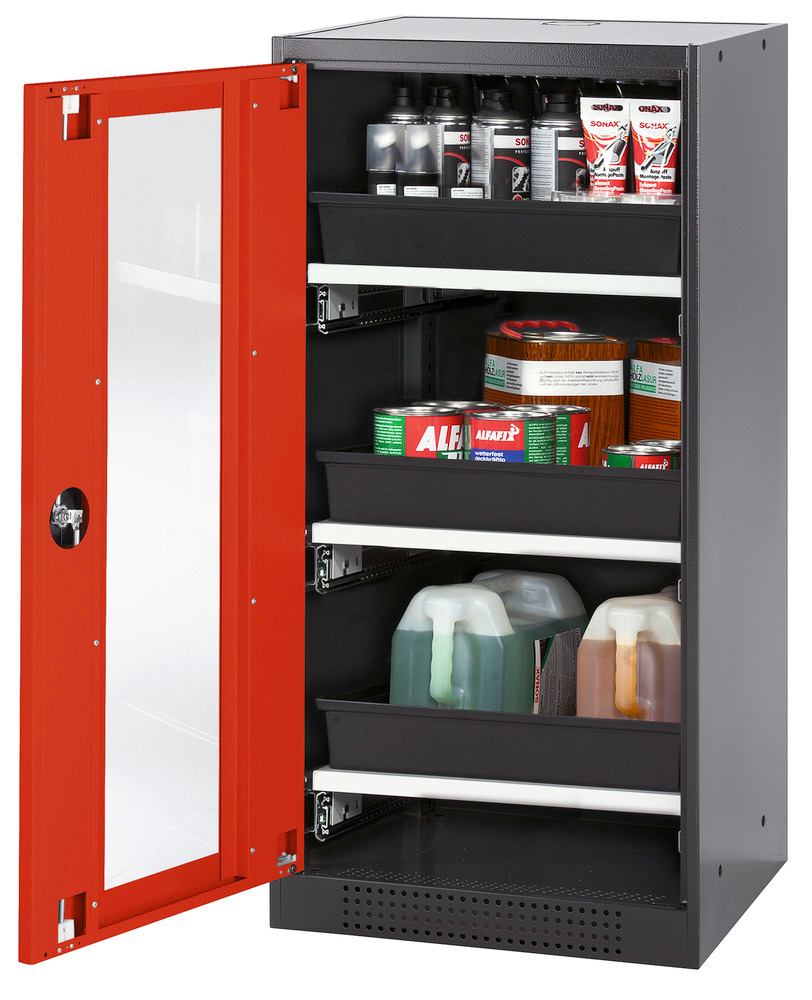 asecos chemicals cabinet Systema-T CS-53LG, body anthracite, wing doors red, 3 pull-out shelves - 1
