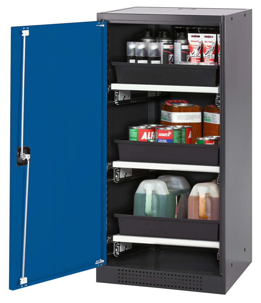 asecos chemicals cabinet Systema-T CS-53L, body anthracite, wing doors blue, 3 pull-out shelves - 1
