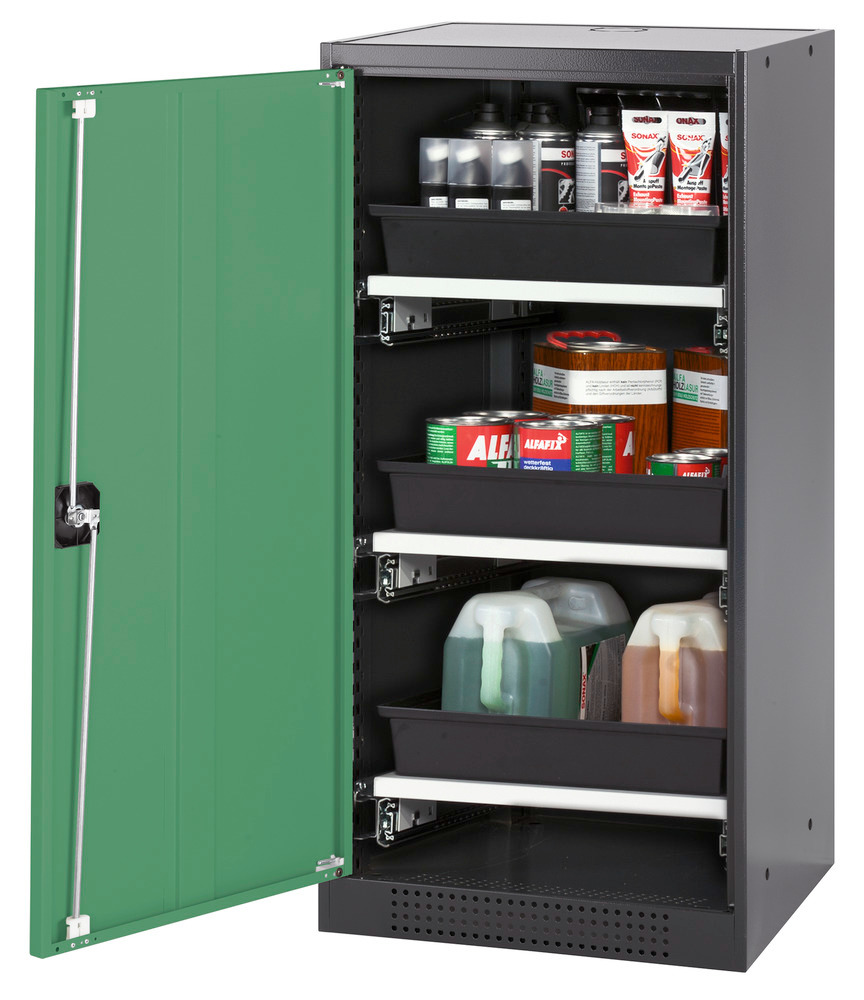 asecos chemicals cabinet Systema-T CS-53L, body anthracite, wing doors green, 3 pull-out shelves - 1
