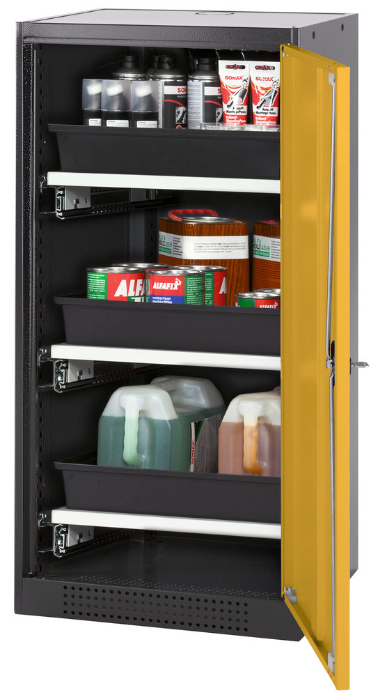 asecos chemicals cabinet Systema-T CS-53R, body anthracite, wing doors yellow, 3 pull-out shelves - 1