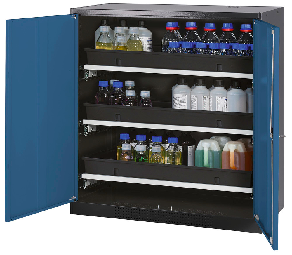 asecos chemicals cabinet Systema-T CS-103, body anthracite, wing doors blue, 3 pull-out shelves - 1