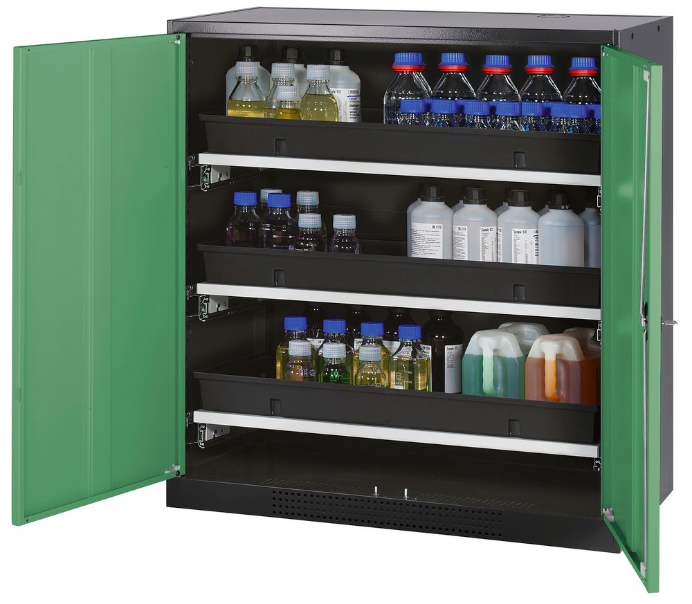 asecos chemicals cabinet Systema-T CS-103, body anthracite, wing doors green, 3 pull-out shelves