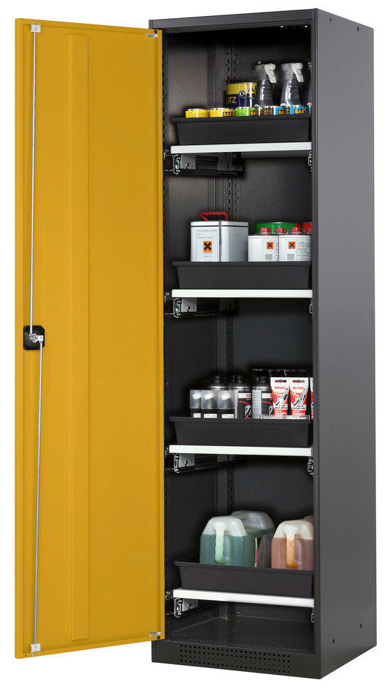 Kemikalieskåp asecos Systema T CS-54L, antracitgrå stomme, gula dörrar, 4 utdragshyllor - 1