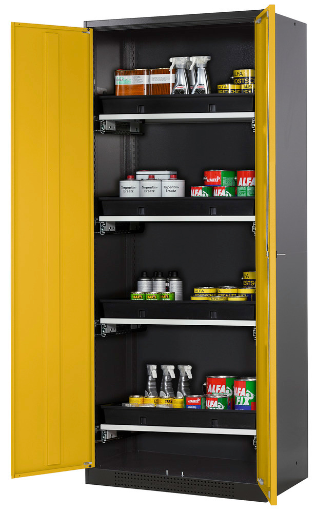 asecos chemicals cabinet Systema-T CS-84, body anthracite, wing doors yellow, 4 pull-out shelves