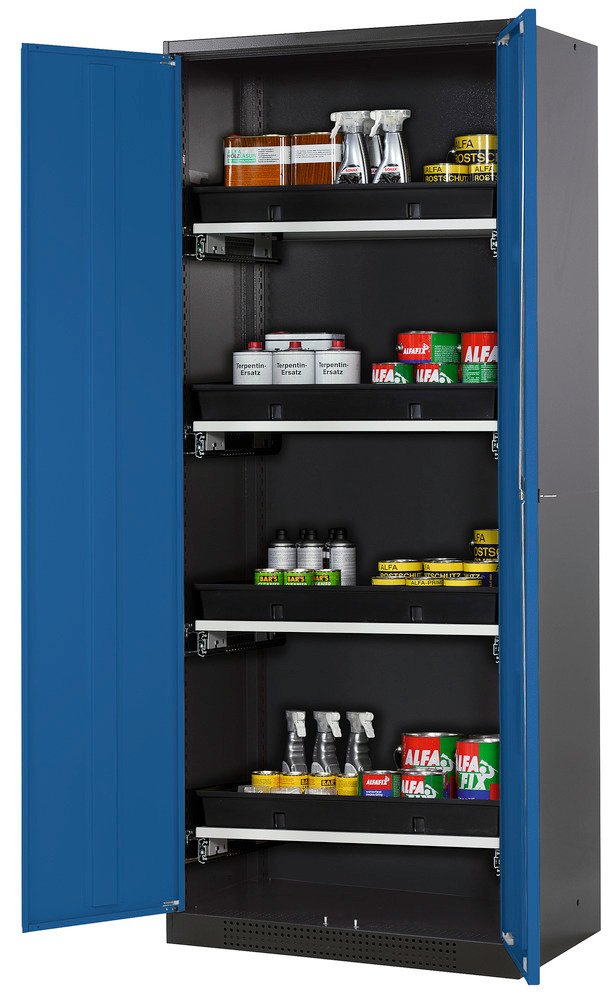 asecos chemicals cabinet Systema-T CS-84, body anthracite, wing doors blue, 4 pull-out shelves - 1