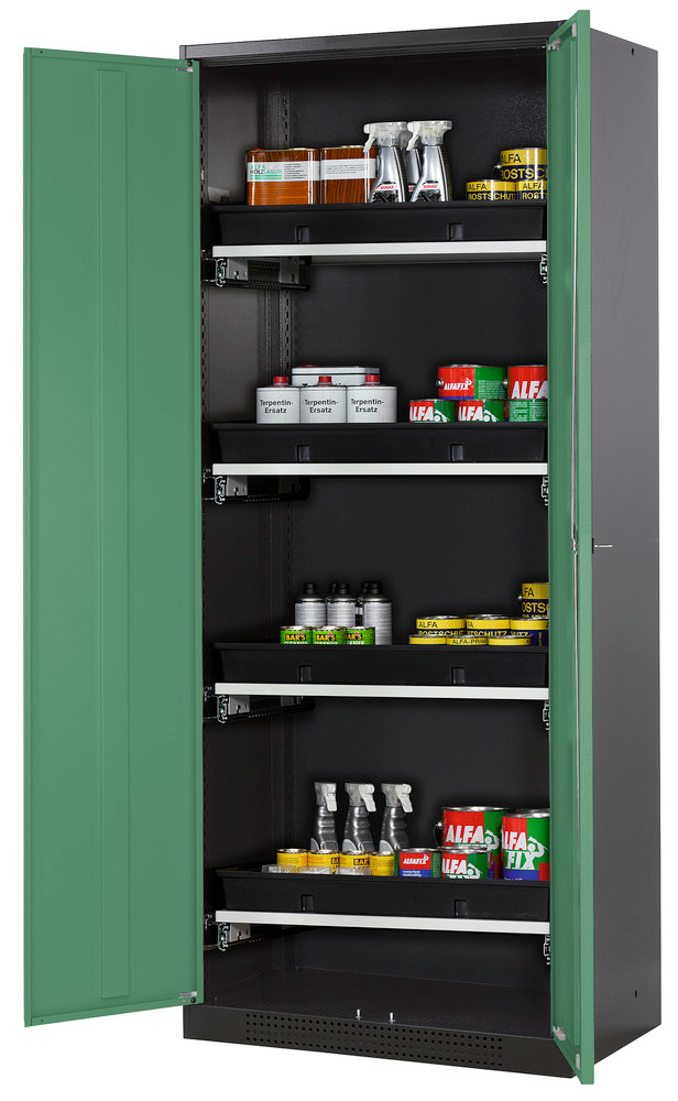 Skříň na chemikálie Systema CS-84, korpus antracitové barvy, křídlové dveře zelené, 4 výsuv. vany - 1