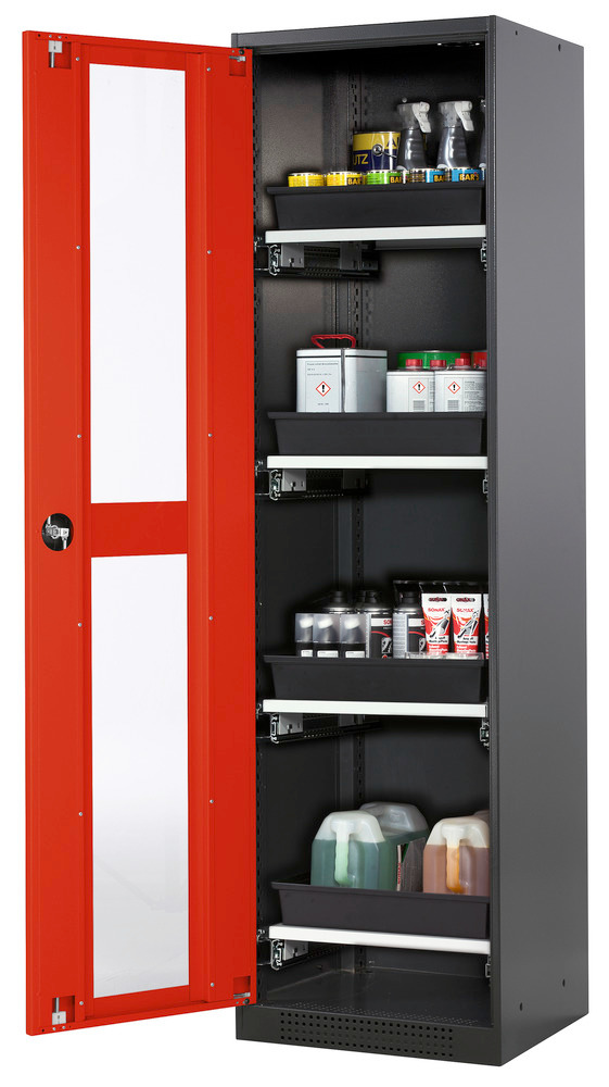 Skriňa na chemikálie Systema CS-54LG, dverový záves vľavo, 4 výsuvné vane, červené presklené dvere - 1