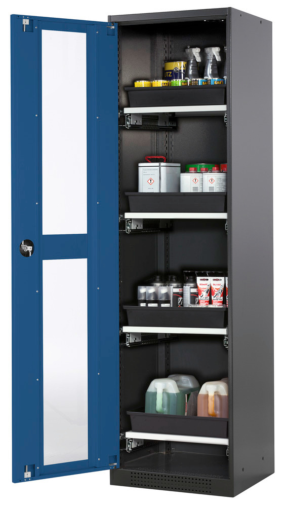 asecos chemicals cabinet Systema-T CS-54LG, body anthracite, wing doors blue, 4 pull-out shelves - 1