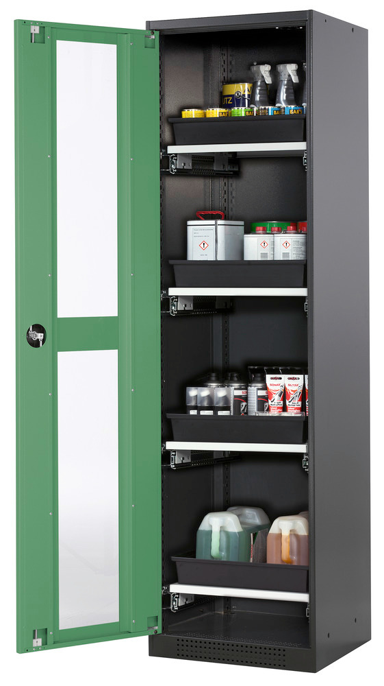 Skříň na chemikálie Systema CS-54LG, dveřní závěs vlevo, prosklené dveře zelené, 4 výsuvné vany - 1