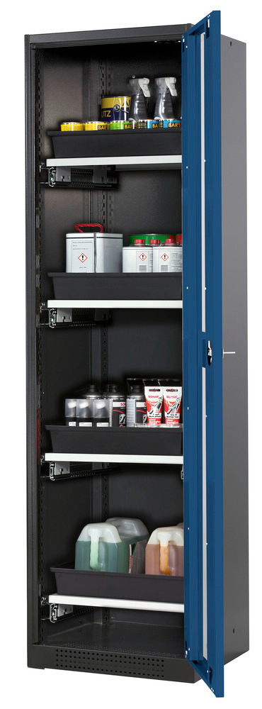 Kemikalieskåp Systema CS-54RG, antracitgrå stomme, blå pardörrar, 4 utdragshyllor