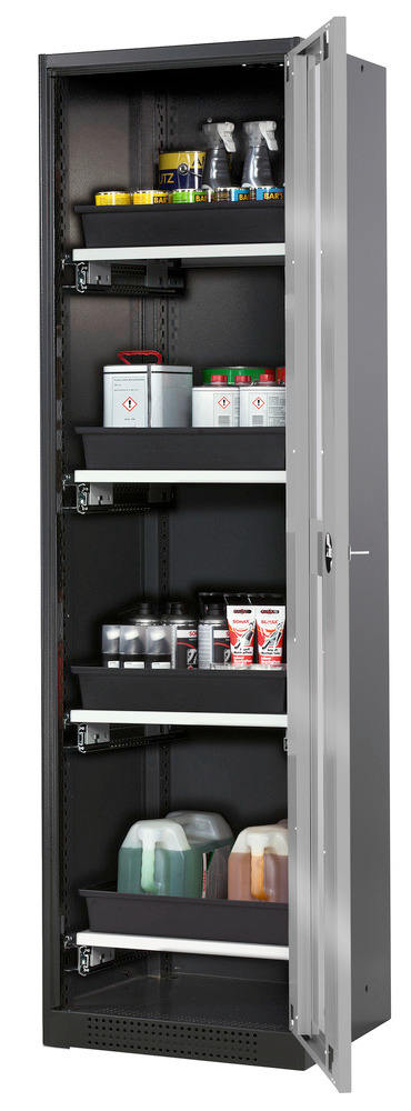 asecos chemicals cabinet Systema-T CS-54RG, body anthracite, wing doors silver, 4 pull-out shelves - 1