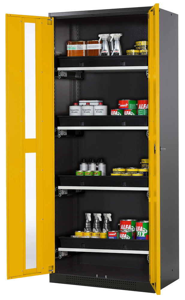 asecos chemicals cabinet Systema-T CS-84G, body anthracite, wing doors yellow, 4 pull-out shelves