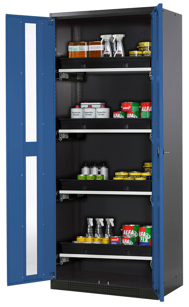 asecos chemicals cabinet Systema-T CS-84G, body anthracite, wing doors blue, 4 pull-out shelves - 1
