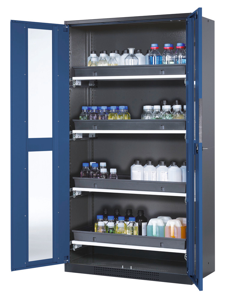 Kemikalieskåp asecos Systema-T CS-104G, antracitgrå stomme, blå pardörrar, 4 utdragshyllor - 1