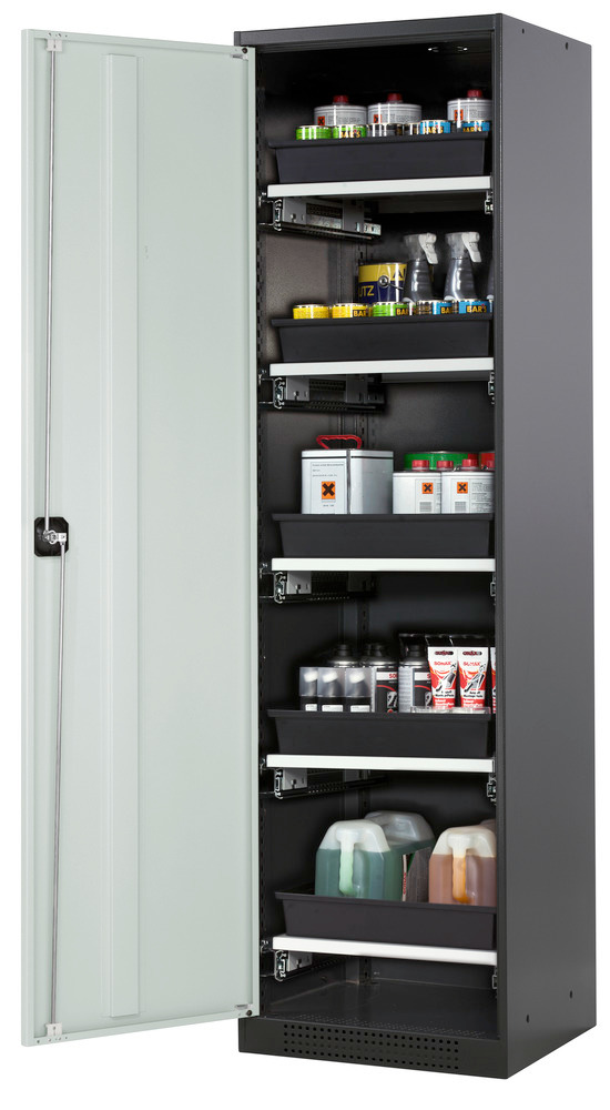 asecos chemicals cabinet Systema-T CS-55L, body anthracite, wing doors grey, 5 pull-out shelves - 1