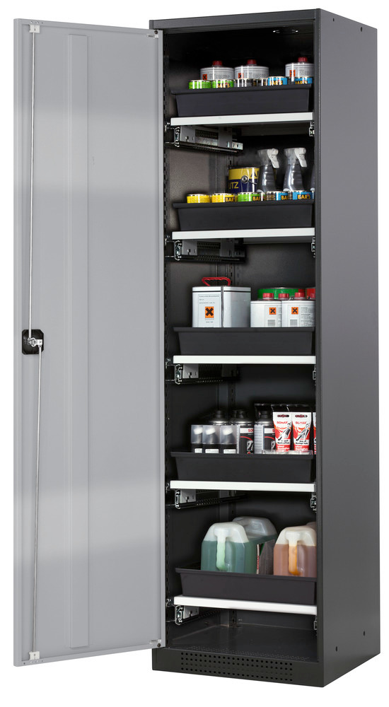 asecos chemicals cabinet Systema-T CS-55L, body anthracite, wing doors silver, 5 pull-out shelves - 1