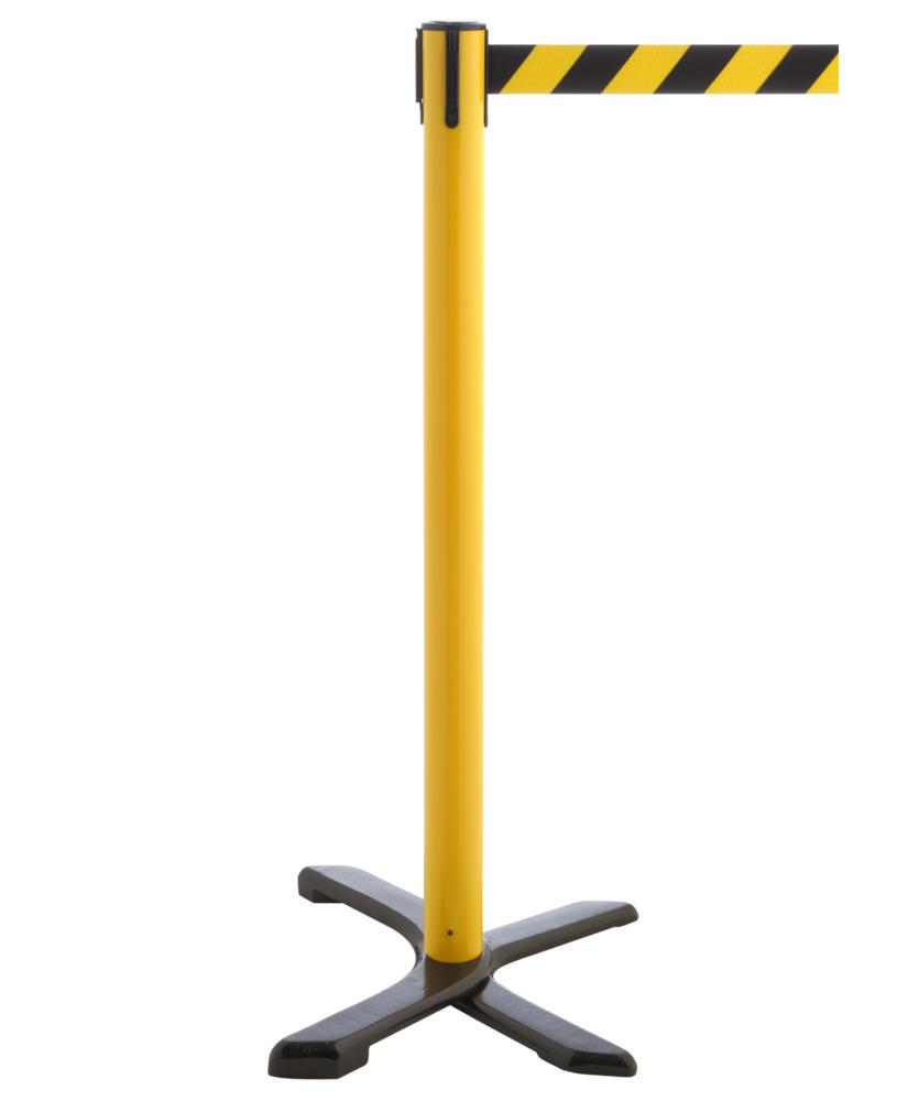 Poteau de délimitation Traffico, poteau jaune, sangle noire et jaune de 2,30 m, avec pied en croix - 1
