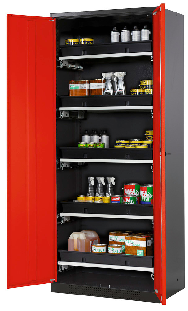 asecos chemicals cabinet Systema-T CS-85, body anthracite, wing doors red, 5 pull-out shelves - 1
