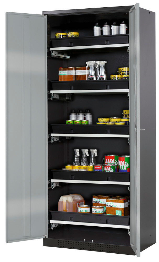 asecos chemicals cabinet Systema-T CS-85, body anthracite, wing doors silver, 5 pull-out shelves - 1