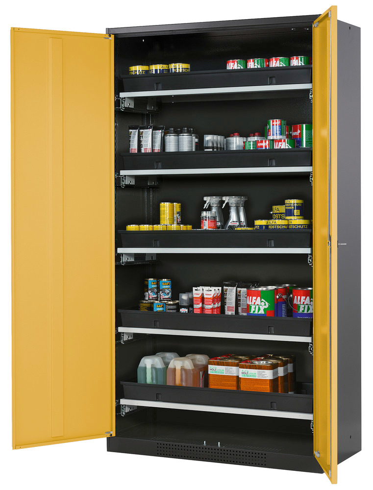 asecos chemicals cabinet Systema-T CS-105, body anthracite, wing doors yellow, 5 pull-out shelves - 1
