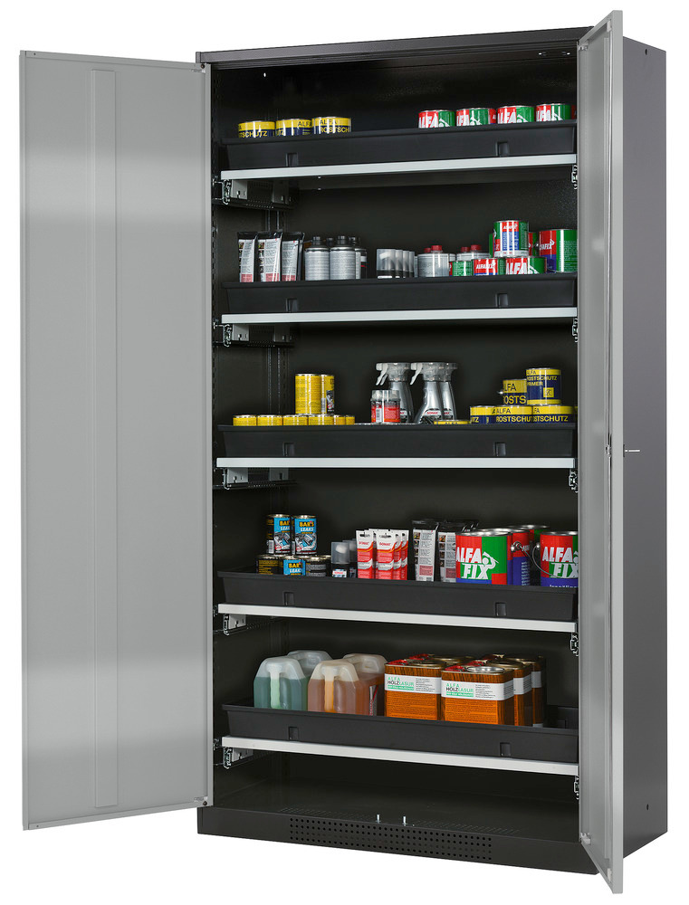asecos chemicals cabinet Systema-T CS-105, body anthracite, wing doors silver, 5 pull-out shelves - 1