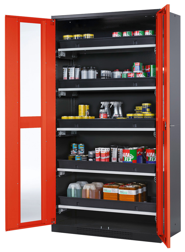 asecos chemicals cabinet Systema-T CS-105G, body anthracite, wing doors red, 5 pull-out shelves - 1
