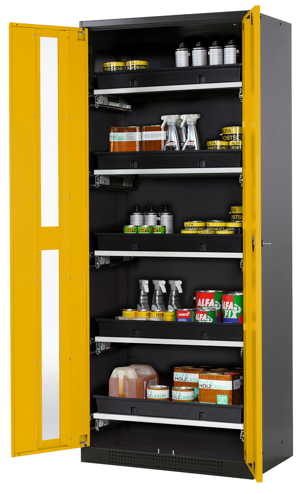 asecos chemicals cabinet Systema-T CS-85G, body anthracite, wing doors yellow, 5 pull-out shelves - 1
