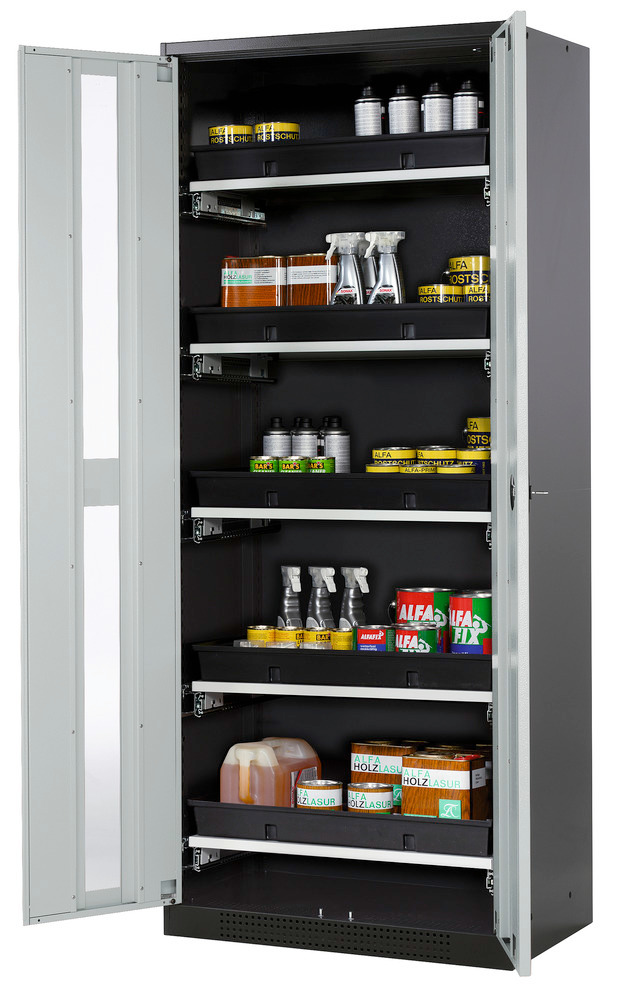 asecos chemicals cabinet Systema-T CS-85G, body anthracite, wing doors grey, 5 pull-out shelves - 1