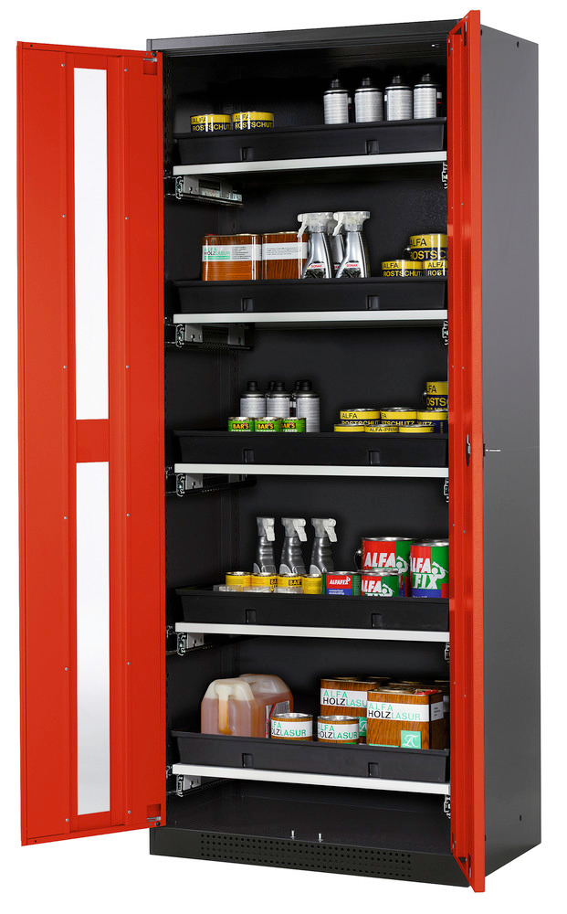 asecos chemicals cabinet Systema-T CS-85G, body anthracite, wing doors red, 5 pull-out shelves - 1
