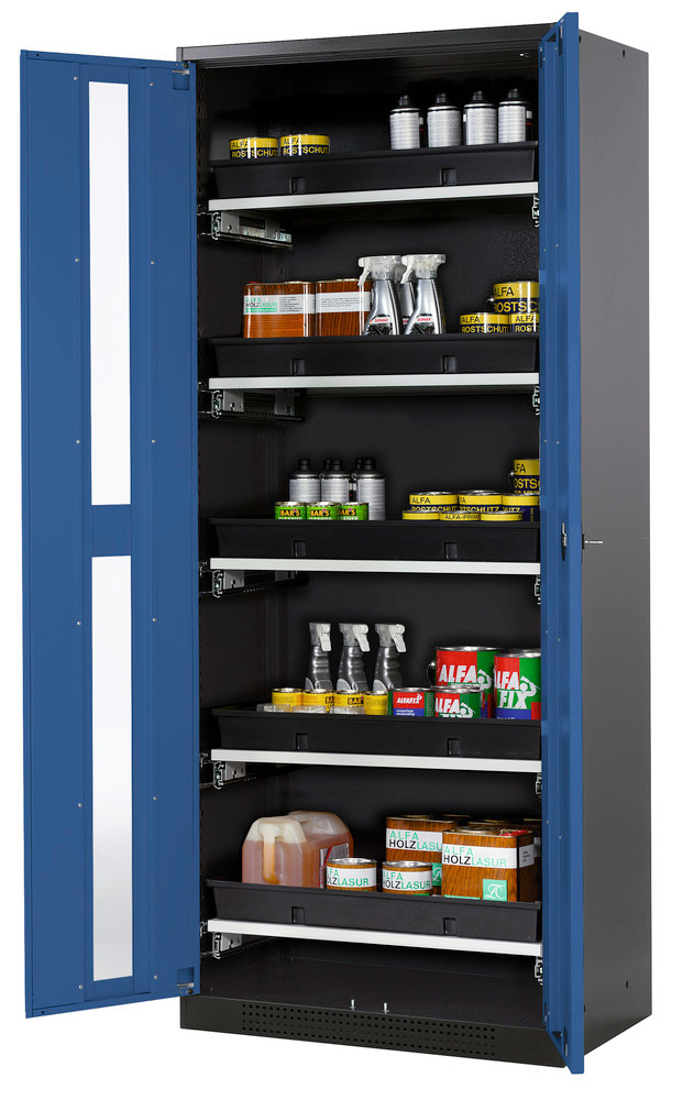 asecos chemicals cabinet Systema-T CS-85G, body anthracite, wing doors blue, 5 pull-out shelves