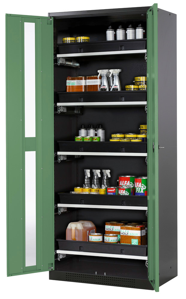 asecos chemicals cabinet Systema-T CS-85G, body anthracite, wing doors green, 5 pull-out shelves - 1