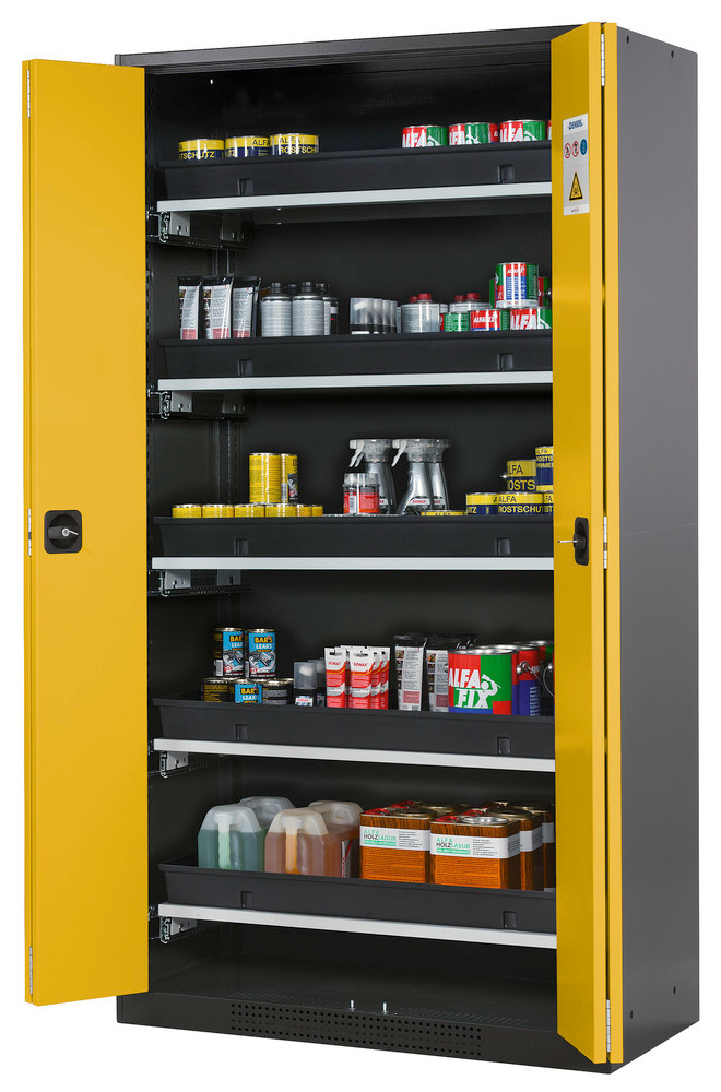 Armoire pour produits chimiques Systema-T CS-105F, portes pliantes jaunes, 5 étagères coulissantes