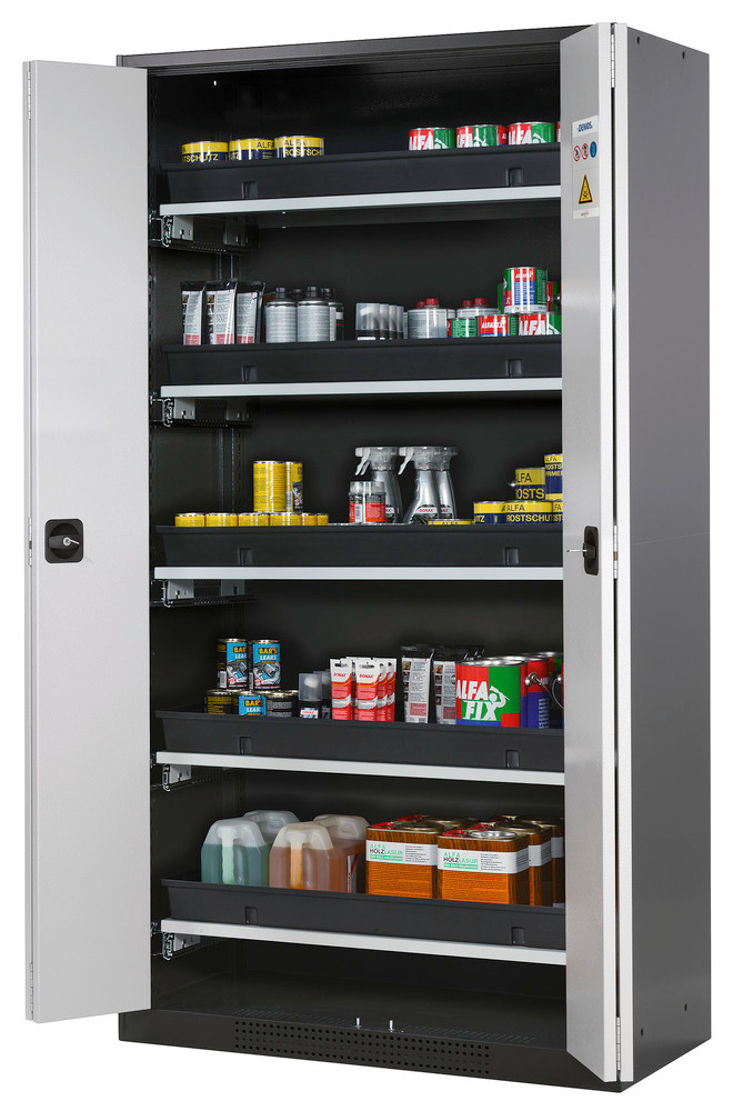 asecos chemicals cabinet Systema-T CS-105F, body anthracite, wing doors grey, 5 pull-out shelves - 1