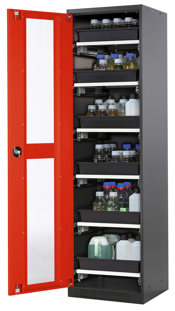Skriňa na chemikálie Systema CS-56LG, dverový záves vľavo, 6 výsuvných váň, červené presklené dvere