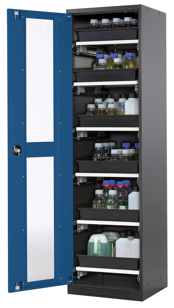 asecos chemicals cabinet Systema-T CS-56LG, body anthracite, wing doors blue, 6 pull-out shelves - 1
