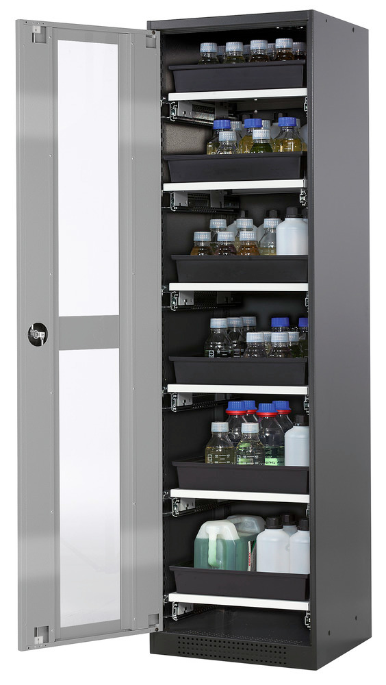 asecos chemicals cabinet Systema-T CS-56LG, body anthracite, wing doors silver, 6 pull-out shelves - 1