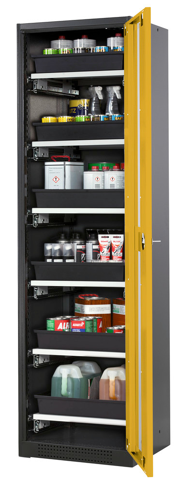 asecos chemicals cabinet Systema-T CS-56RG, body anthracite, wing doors yellow, 6 pull-out shelves - 1