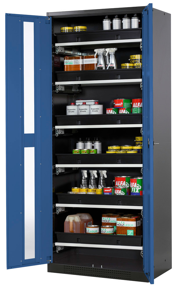 asecos chemicals cabinet Systema-T CS-86G, body anthracite, wing doors blue, 6 pull-out shelves - 1