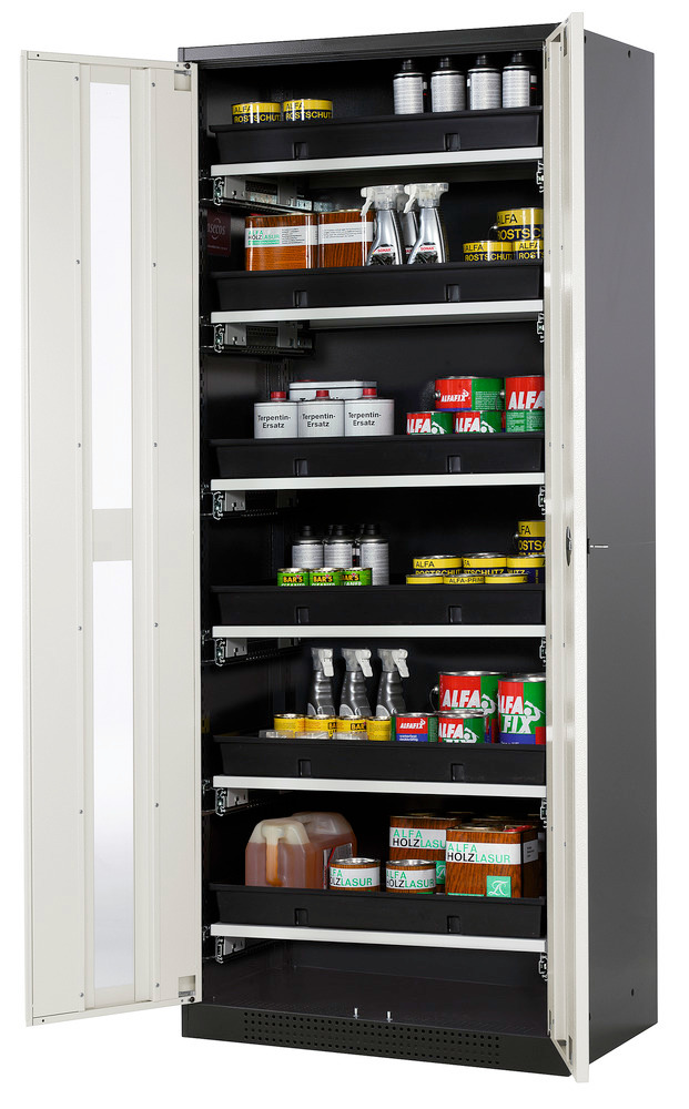 asecos chemicals cabinet Systema-T CS-86G, body anthracite, wing doors white, 6 pull-out shelves - 1