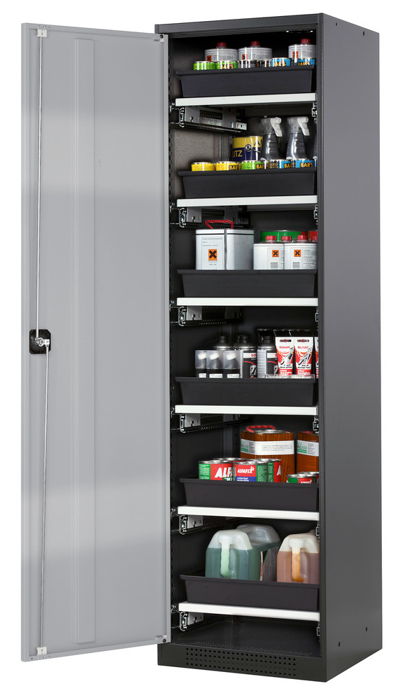 asecos chemicals cabinet Systema-T CS-56L, body anthracite, wing doors silver, 6 pull-out shelves - 1