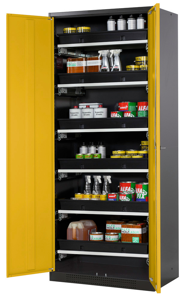 Kjemikalieskap Systema CS-86, kabinett antracitgrå, gule fløydører, 6 uttrekk