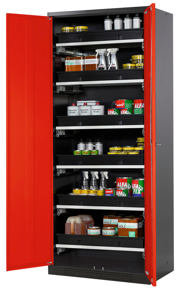 asecos chemicals cabinet Systema-T CS-86, body anthracite, wing doors red, 6 pull-out shelves - 1