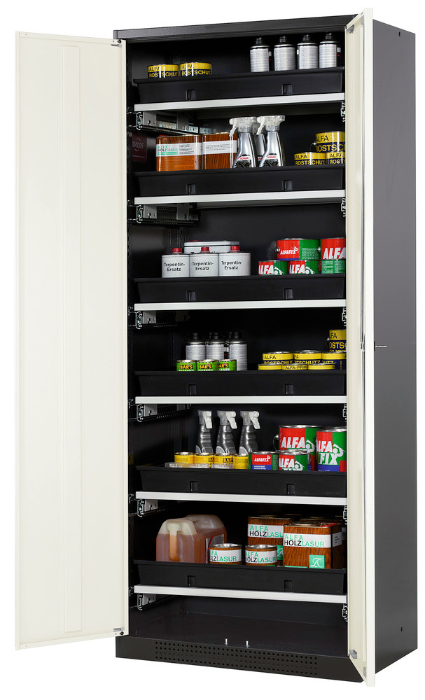 asecos chemicals cabinet Systema-T CS-86, body anthracite, wing doors white, 6 pull-out shelves - 1